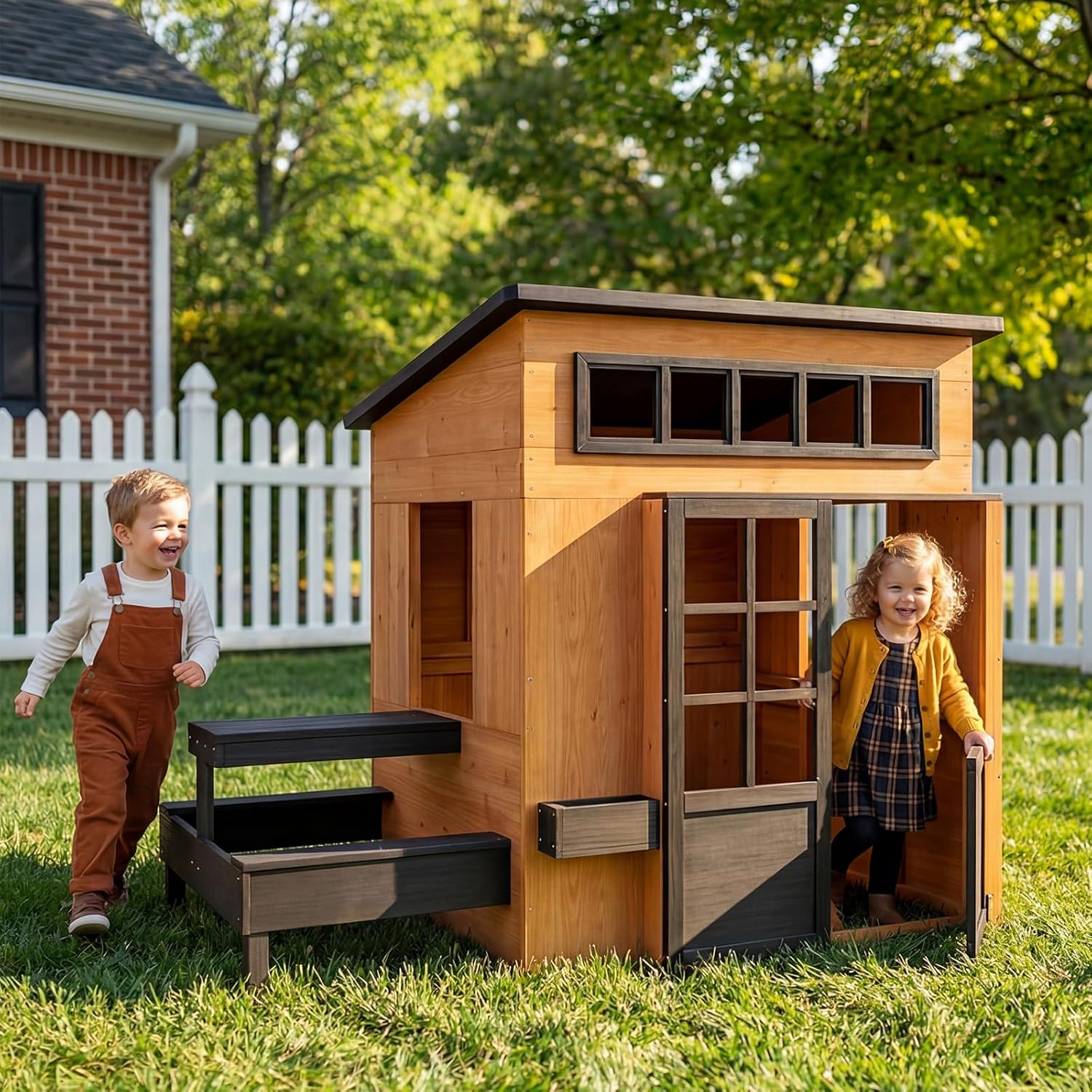 Fir Wooden Kids Playhouse with - Kids Outdoor Chalkboard avaliação e preço