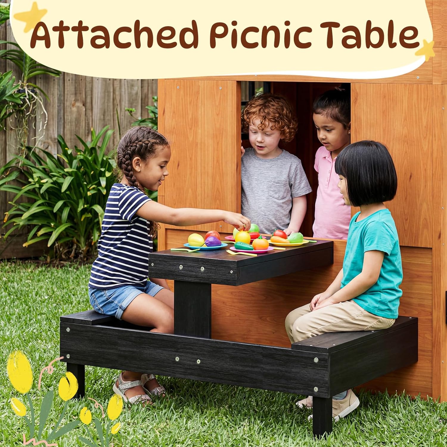 Fir Wooden Kids Playhouse with - Kids Outdoor Chalkboard avaliação e preço