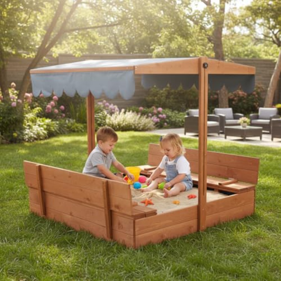 Outdoor wooden sandbox with li - Kids Outdoor Bench avaliação e preço